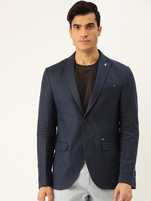 

Blackberrys Men Navy Slim Fit Linen Solid Single-Breasted Smart Casual Blazer, Navy blue