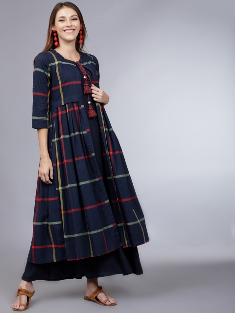 

Vishudh Women Navy Blue & Red Solid Maxi Dress with Striped Jacket