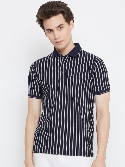 

Okane Men Navy Blue & White Striped Polo Collar T-shirt