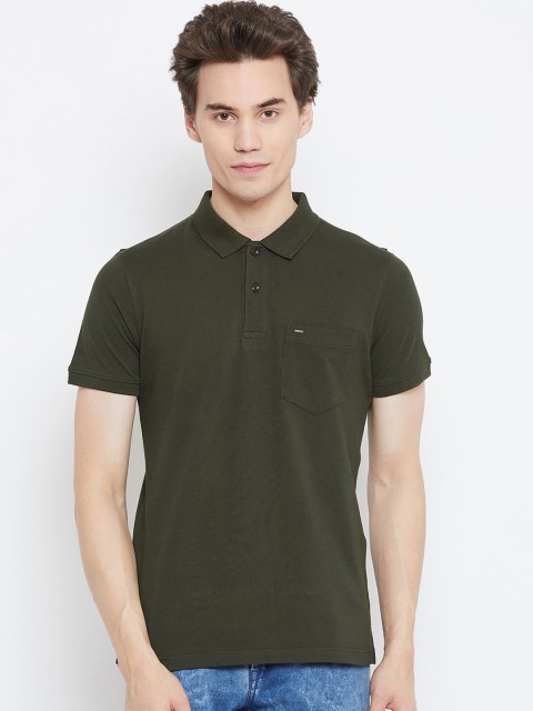 

Okane Men Olive Green Solid Polo Collar Pure Cotton T-shirt