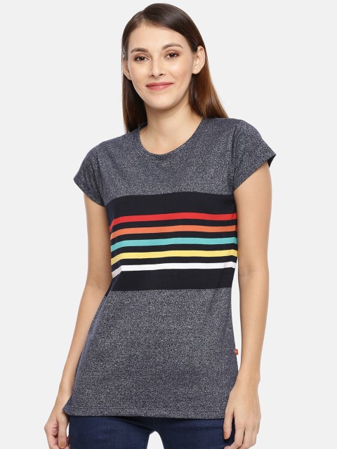 

GOLDSTROMS Women Navy Blue Striped Round Neck T-shirt