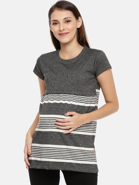 

GOLDSTROMS Women Grey Melange & White Maternity Striped Pure Cotton Top