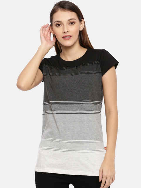 

GOLDSTROMS Women Black & Grey Striped Round Neck T-shirt