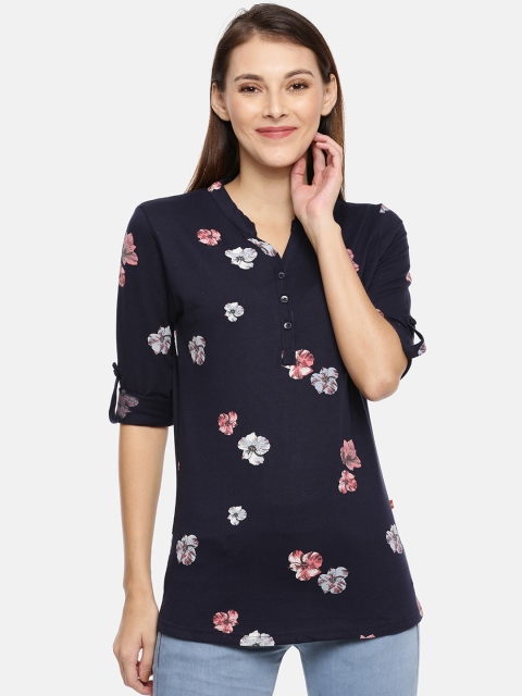 

GOLDSTROMS Women Navy Blue Printed Shirt Style Pure Cotton Top