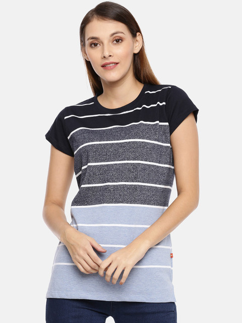 

GOLDSTROMS Women Grey & Blue Striped Round Neck T-shirt