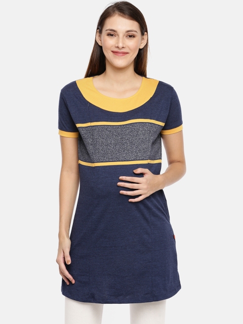 

GOLDSTROMS Women Yellow Striped Round Neck Longline Maternity T-shirt