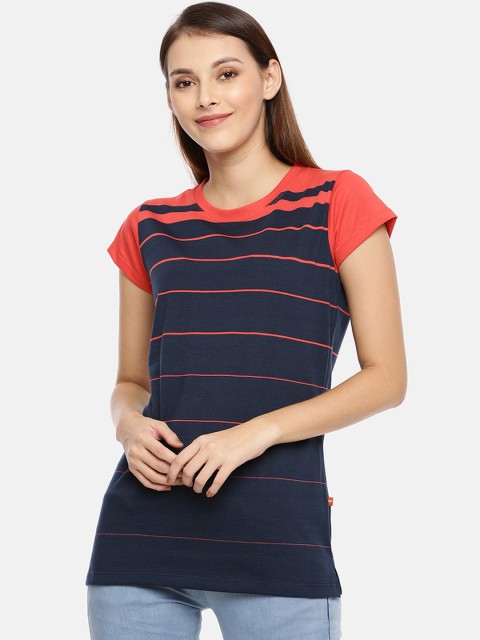 

GOLDSTROMS Women Red & navy Blue Striped Round Neck T-shirt