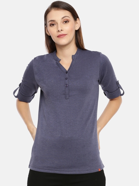 

GOLDSTROMS Women Navy Blue Solid Shirt Style Pure Cotton Top