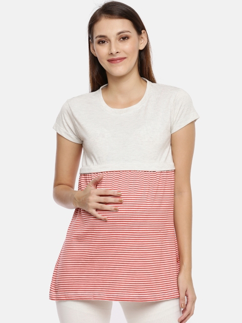 

GOLDSTROMS Women White & Red Striped Maternity Pure Cotton Top