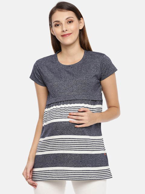 

GOLDSTROMS Women Blue & White Striped Maternity Pure Cotton Top