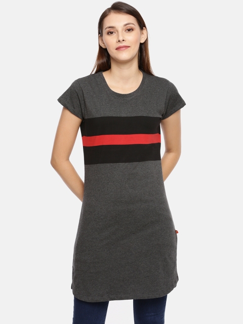 

GOLDSTROMS Women Grey Striped Round Neck T-shirt