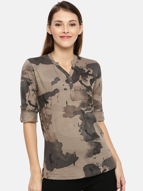 

GOLDSTROMS Women Brown & Grey Printed Shirt Style Pure Cotton Top