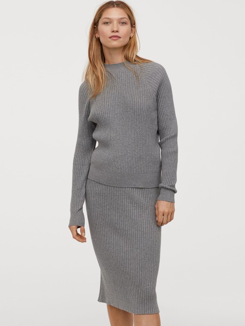 

H&M Women Grey Ribbed Cotton-Blend Skirt