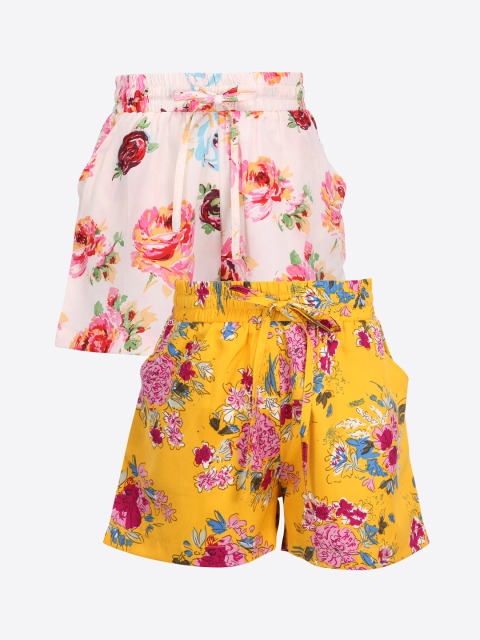 

CUTECUMBER Girls Pack Of 2 Cream-Coloured Floral Printed Regular Fit Regular Shorts