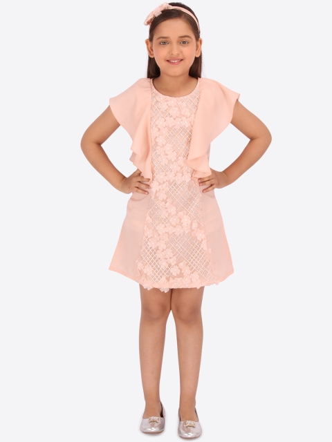 

CUTECUMBER Girls Peach Self Design Sheath Dress With Applique Detail