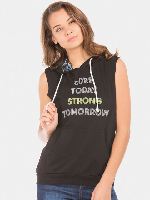 

Sugr Women Black Printed Hooded T-shirt