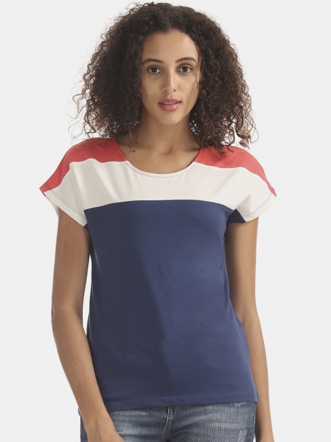 

Sugr Women Blue & Off-White Colourblocked Pure Cotton Top