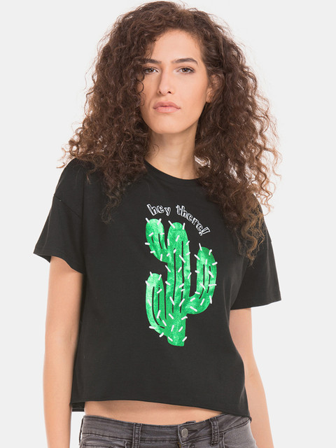 

Sugr Women Black Printed Crop Pure Cotton Top