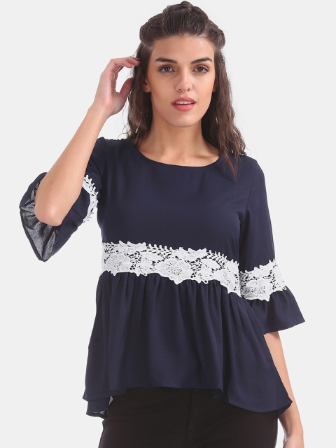 

Sugr Women Navy Blue & White Solid Crochet Top