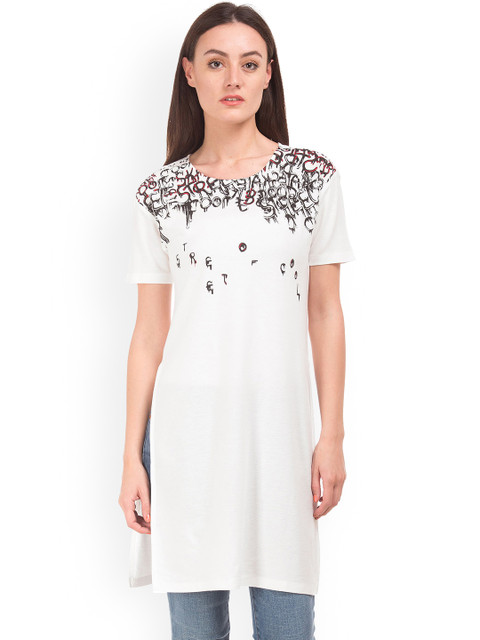 

Sugr Women White Printed Longline Pure Cotton Top