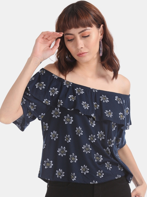 

Sugr Women Navy Blue & White Printed Bardot Top with Ruffled Detail