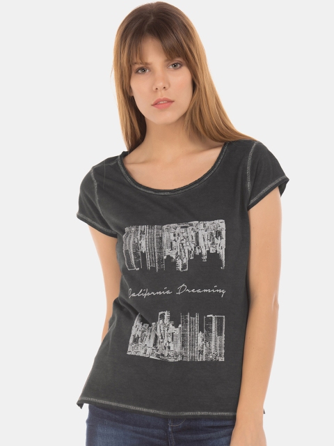 

Sugr Women Charcoal Grey Printed Round Neck T-shirt
