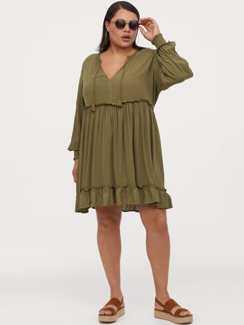 

H&M Women Olive Green Solid H&M+ Tie-Belt Dress