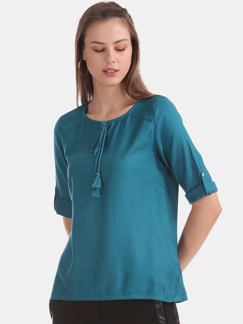 

Cherokee Women Teal Blue Solid Top