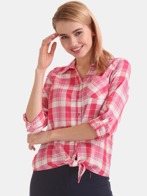 

Cherokee Women Pink & Off-White Checked Shirt Style Top