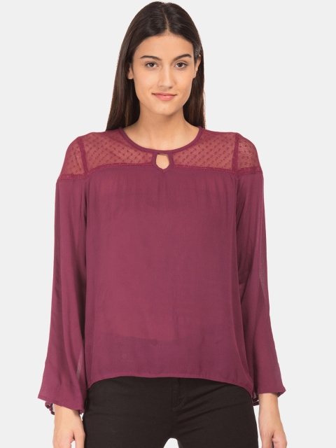 

Cherokee Women Burgundy Solid Lace Detailed A-Line Top