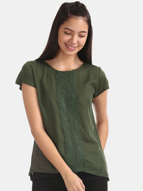 

Cherokee Women Olive Green Solid Top with Lace Inserted