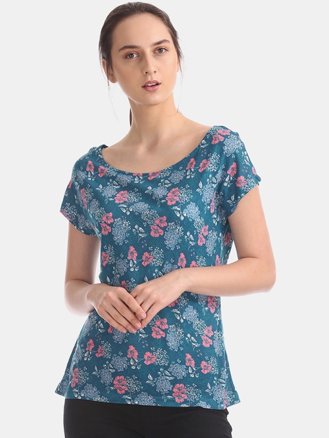

Cherokee Women Blue & Red Floral Printed Scoop Neck Top