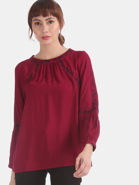 

Cherokee Women Maroon Solid A-Line Top with Embroidery