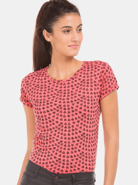 

Cherokee Women Coral Red & Black Printed Round Neck T-shirt