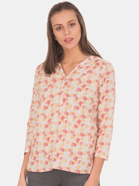 

Cherokee Women Cream-Coloured & Pink Floral Printed Pure Cotton Top