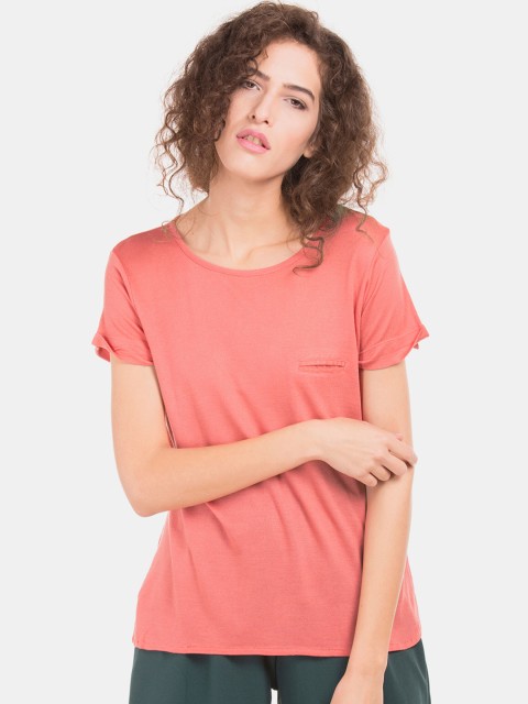 

Cherokee Women Coral-Red Solid Low Hem Top