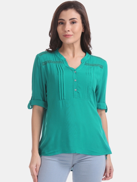 

Cherokee Women Green Solid Mandarin Collar Top