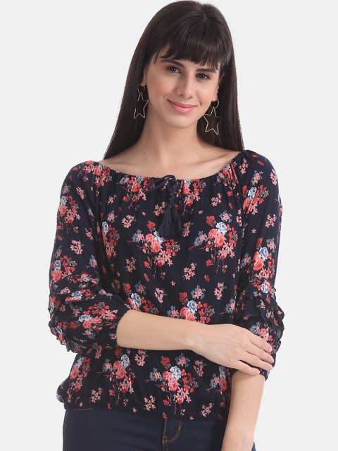 

Cherokee Women Navy Blue Printed Blouson Top