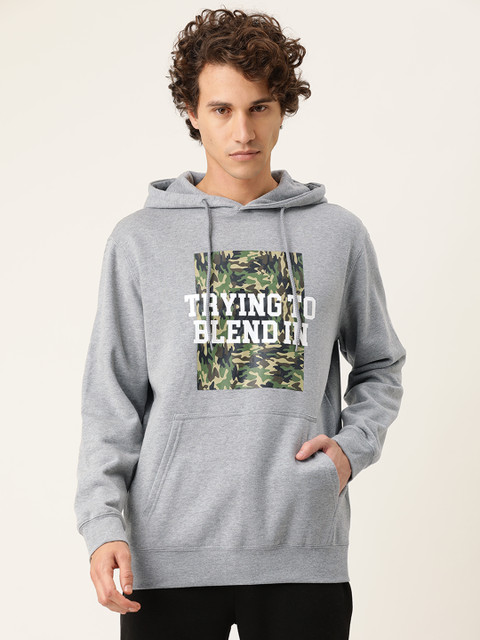 

FOREVER 21 Men Grey Melange Typography Printed Hooded Sweatshirt