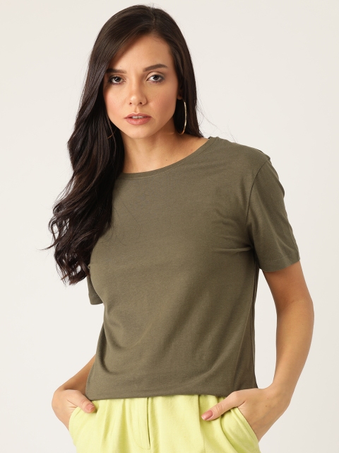 

MANGO Women Olive Green Organic Cotton Solid Round Neck Organic Cotton T-shirt