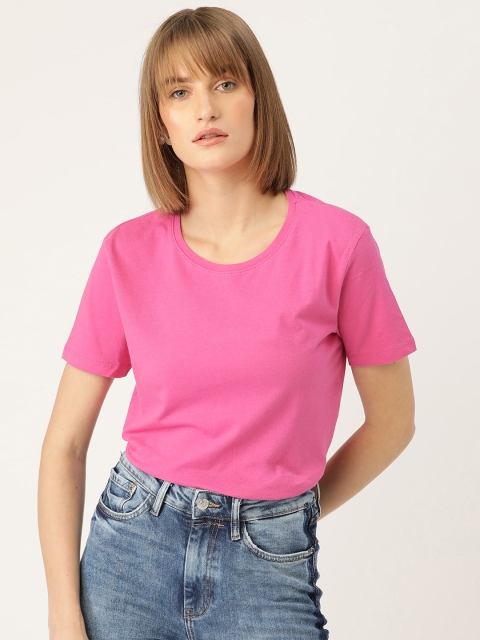 

MANGO Women Pink Solid Round Neck Organic Cotton T-shirt