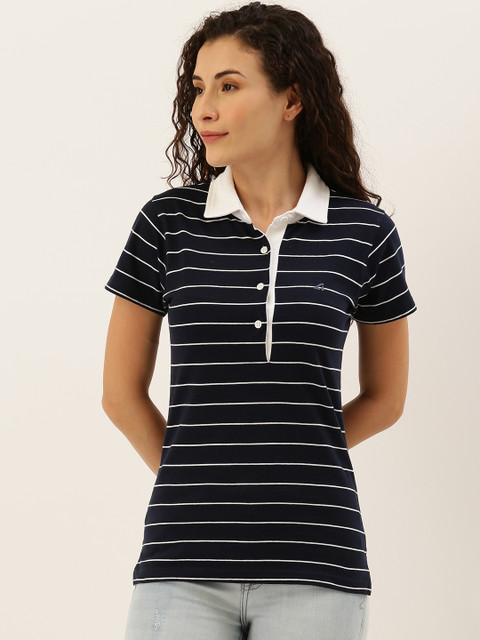 

ATIVO Women Navy Blue & White Striped Polo Collar T-shirt