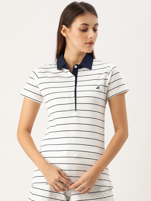 

ATIVO Women White Navy Blue Striped Polo Collar Pure Cotton T-shirt