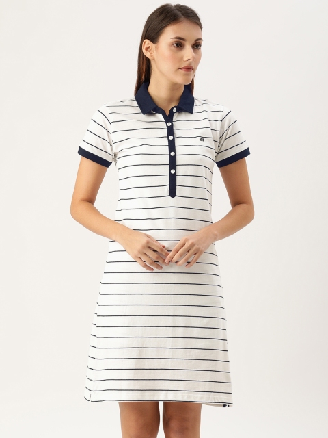 

ATIVO Women White & Navy Blue Striped T-shirt Dress