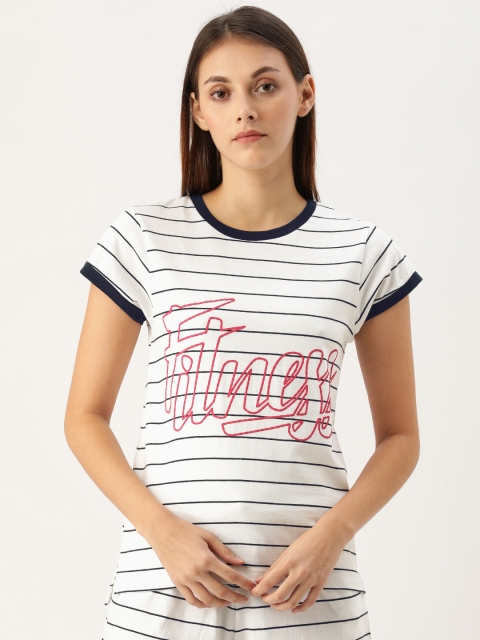 

ATIVO Women White & Navy Blue Striped Round Neck T-shirt with Printed Detail