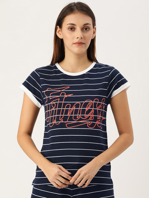 

ATIVO Women Navy Blue & White Striped Round Neck T-shirt with Printed Detail