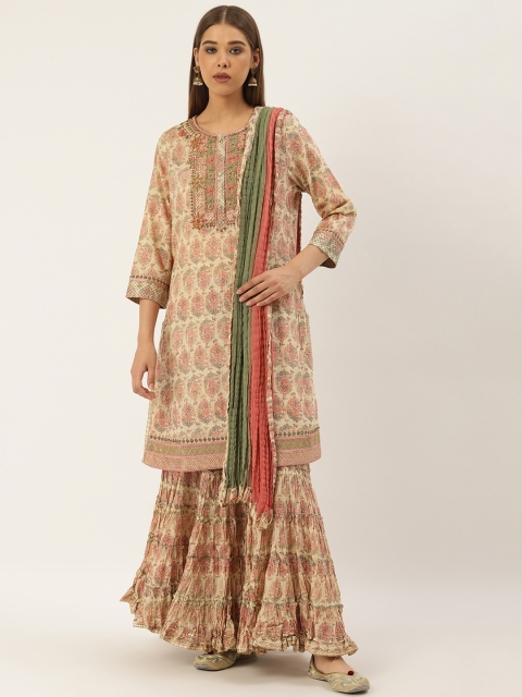 

Ritu Kumar Women Beige & Pink Printed Kurta with Sharara & Dupatta