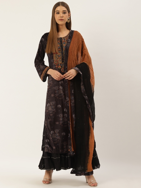 

Ritu Kumar Women Black & Grey Velvet Finish Printed Kurta with Sharara & Dupatta