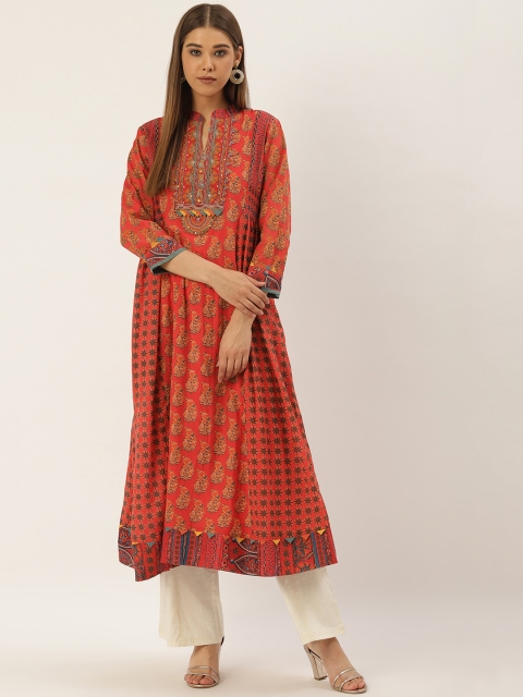 

Ritu Kumar Women Red & Blue Floral Printed Smocked Anarkali Kurta