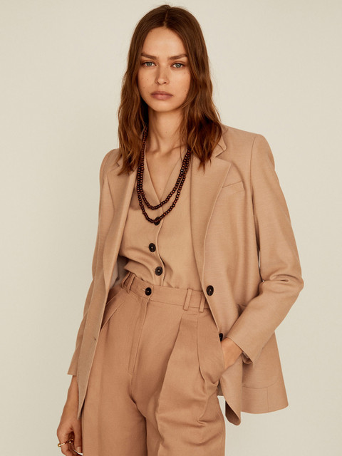 

MANGO Women Beige Solid Regular Fit Single Breasted Casual Blazer